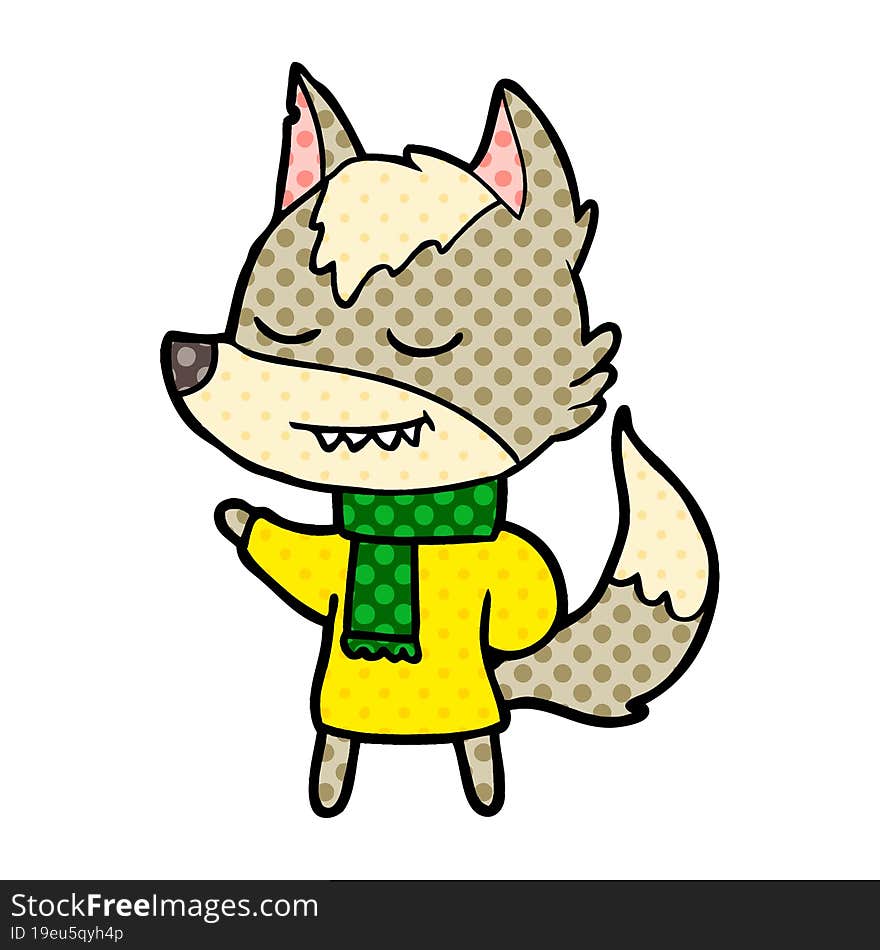 friendly cartoon wolf wearing scarf. friendly cartoon wolf wearing scarf