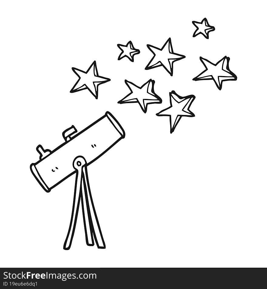 black and white cartoon telescope and stars