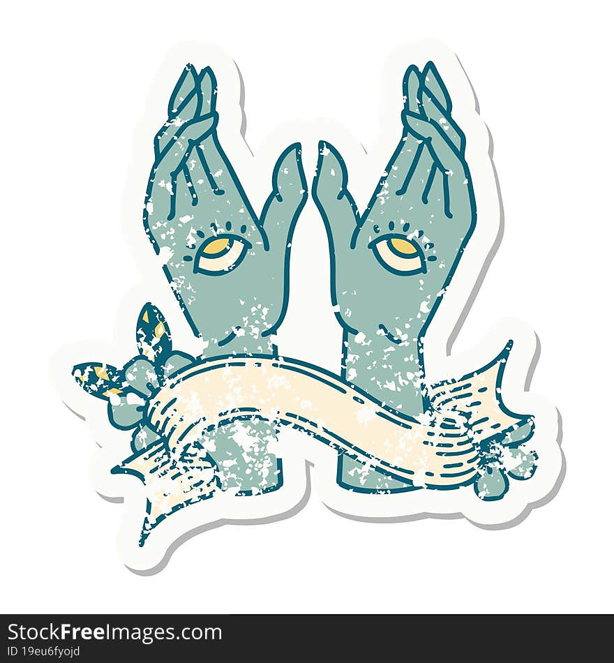 grunge sticker with banner of mystic hands