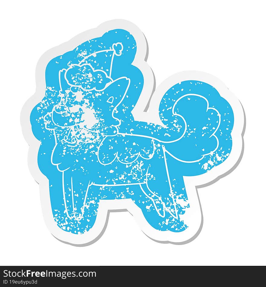 quirky cartoon distressed sticker of a happy dog wearing santa hat