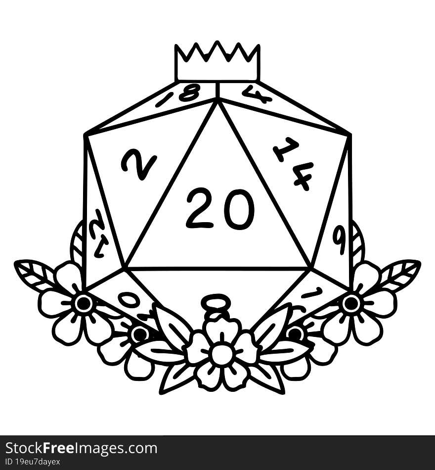 Natural 20 D20 Dice Roll With Floral Elements Illustration