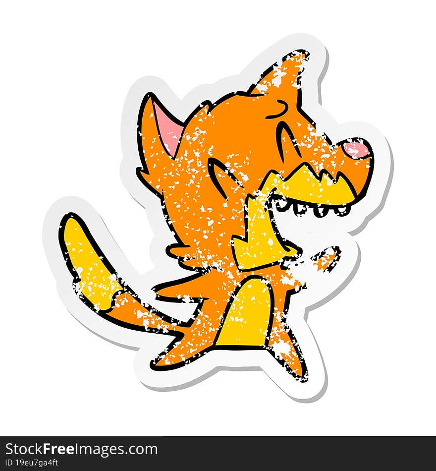 distressed sticker of a laughing fox cartoon