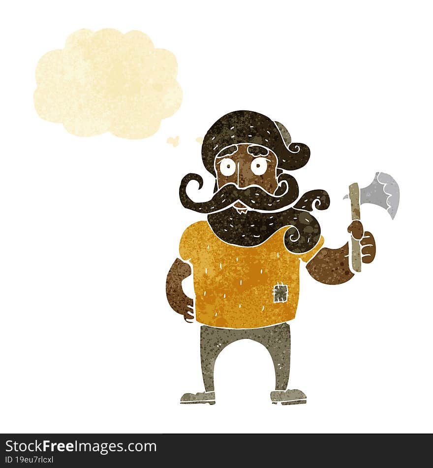 cartoon lumberjack with axe with thought bubble