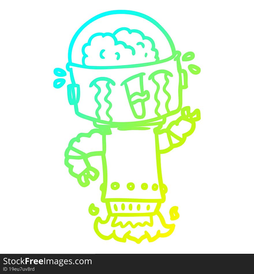 Cold Gradient Line Drawing Cartoon Crying Robot Flying