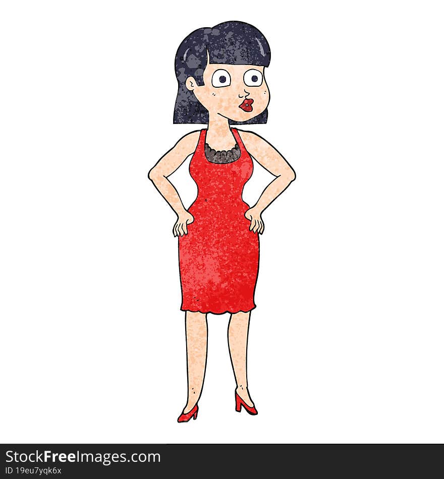 freehand textured cartoon woman in dress with hands on hips