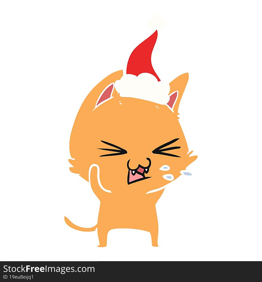 Flat Color Illustration Of A Cat Hissing Wearing Santa Hat