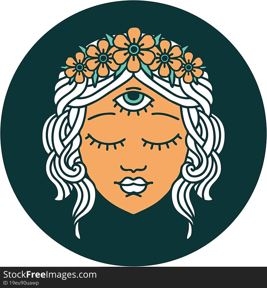 iconic tattoo style image of female face with third eye and crown of flowers. iconic tattoo style image of female face with third eye and crown of flowers