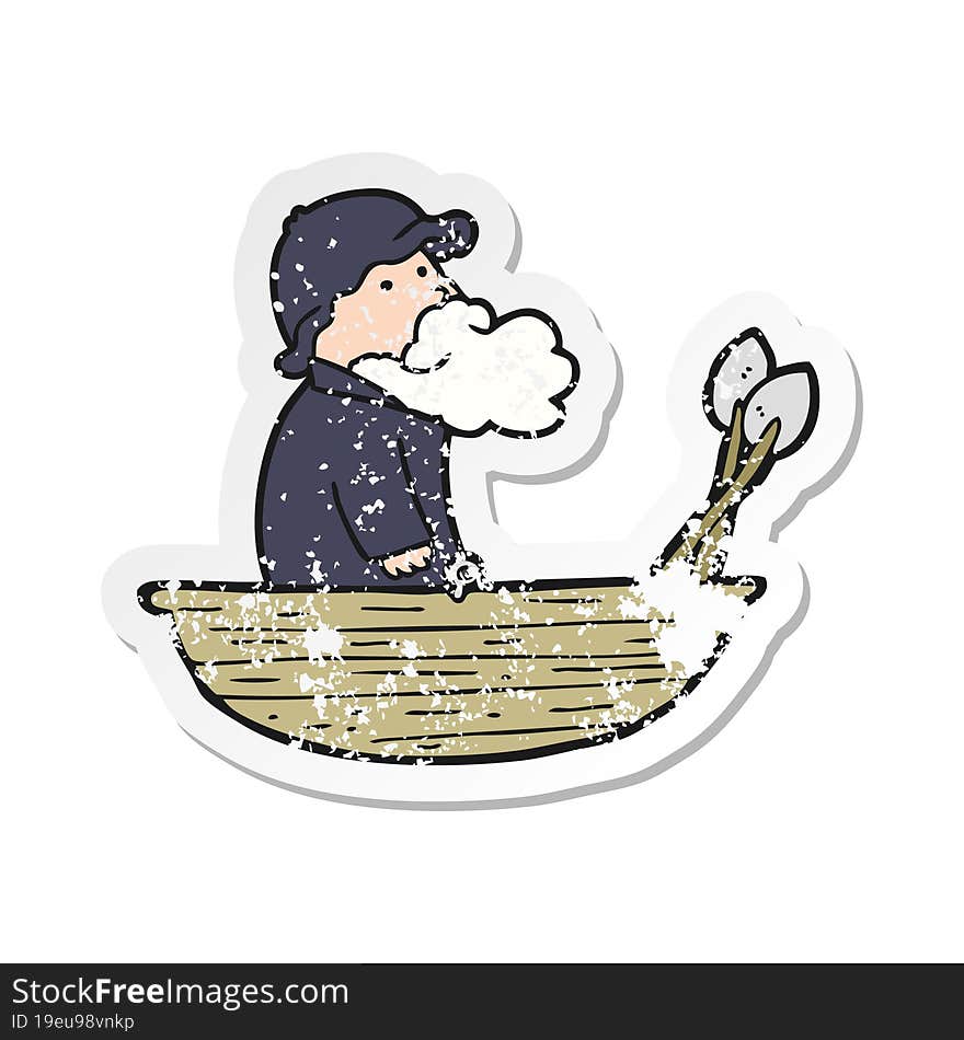 distressed sticker of a cartoon fisherman