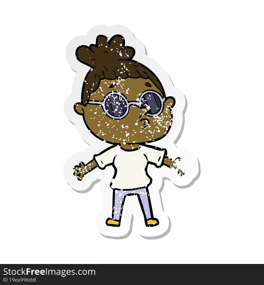 Distressed Sticker Of A Cartoon Woman Wearing Sunglasses