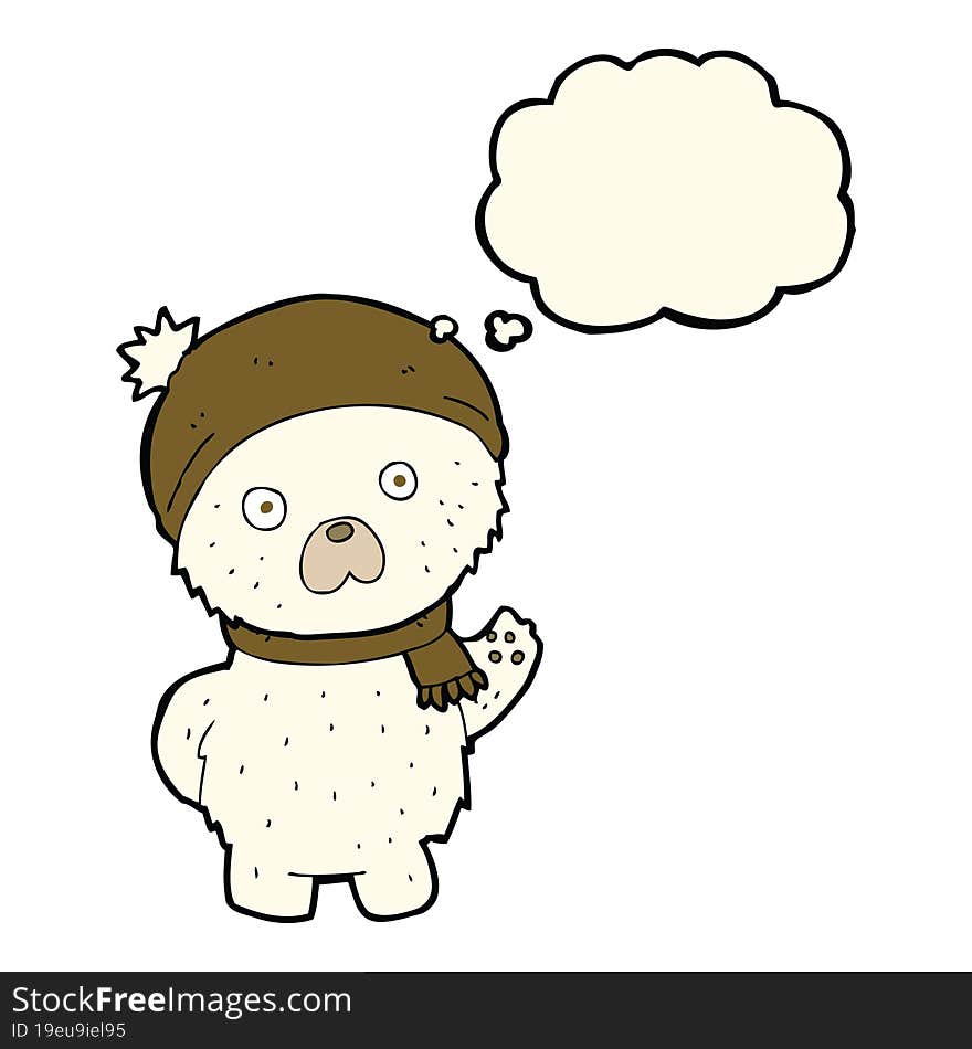 Cartoon Cute Polar Bear In Winter Hat And Scarf With Thought Bubble