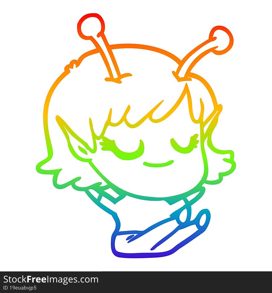 rainbow gradient line drawing smiling alien girl cartoon sitting