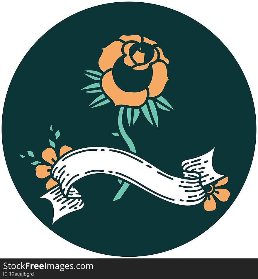 tattoo style icon with banner of a rose