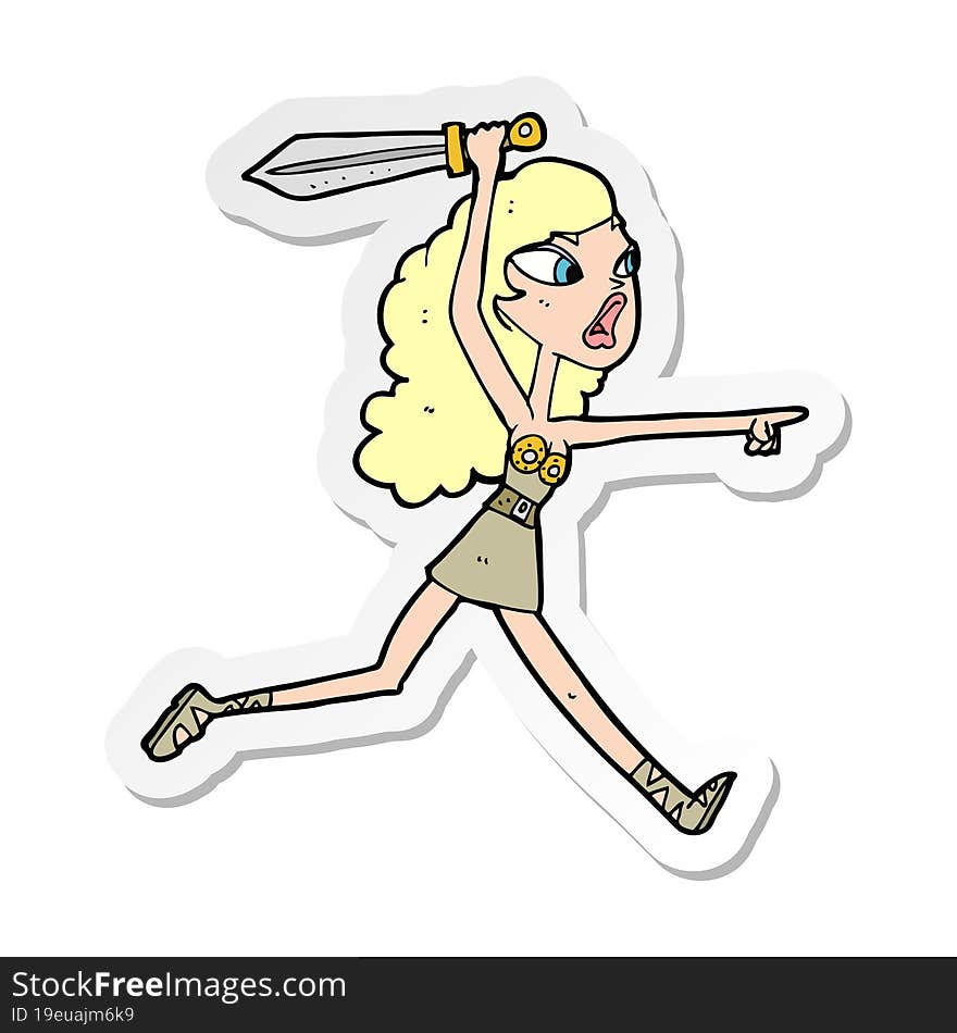 sticker of a cartoon viking girl with sword