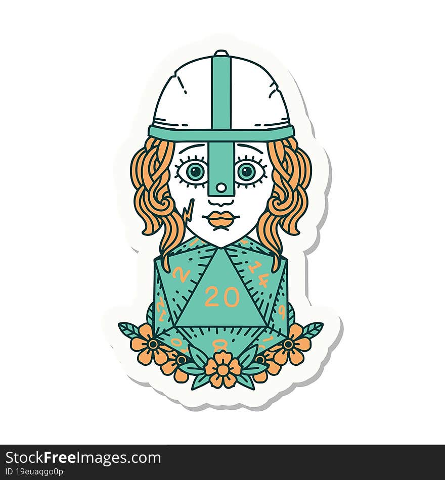 human fighter with natural 20 D20 dice roll sticker