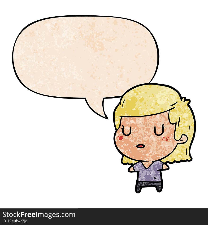 cartoon woman and speech bubble in retro texture style