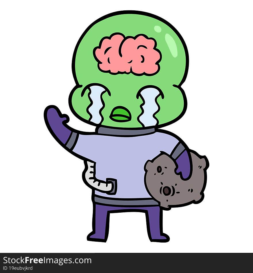 cartoon big brain alien crying and waving goodbye. cartoon big brain alien crying and waving goodbye