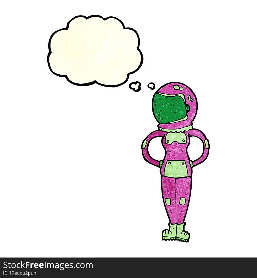 cartoon female astronaut with thought bubble