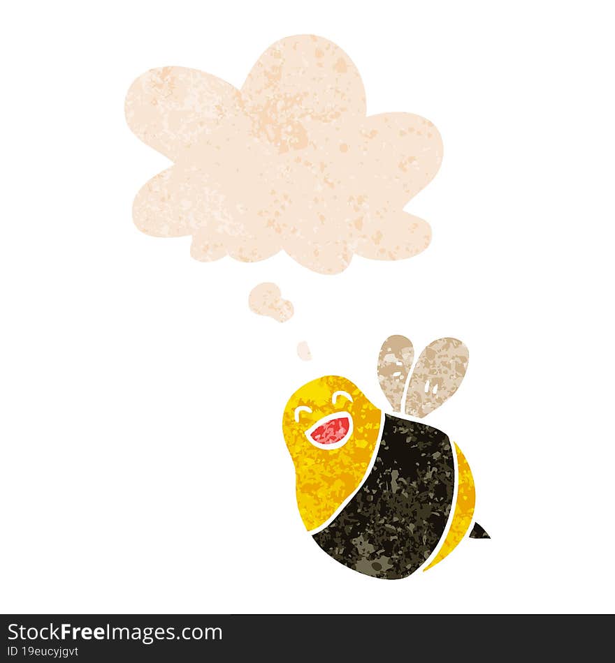 cartoon bee with thought bubble in grunge distressed retro textured style. cartoon bee with thought bubble in grunge distressed retro textured style