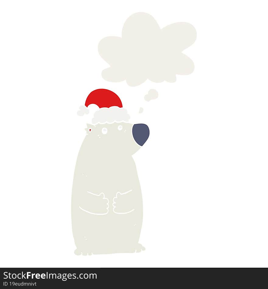 cartoon bear wearing christmas hat and thought bubble in retro style