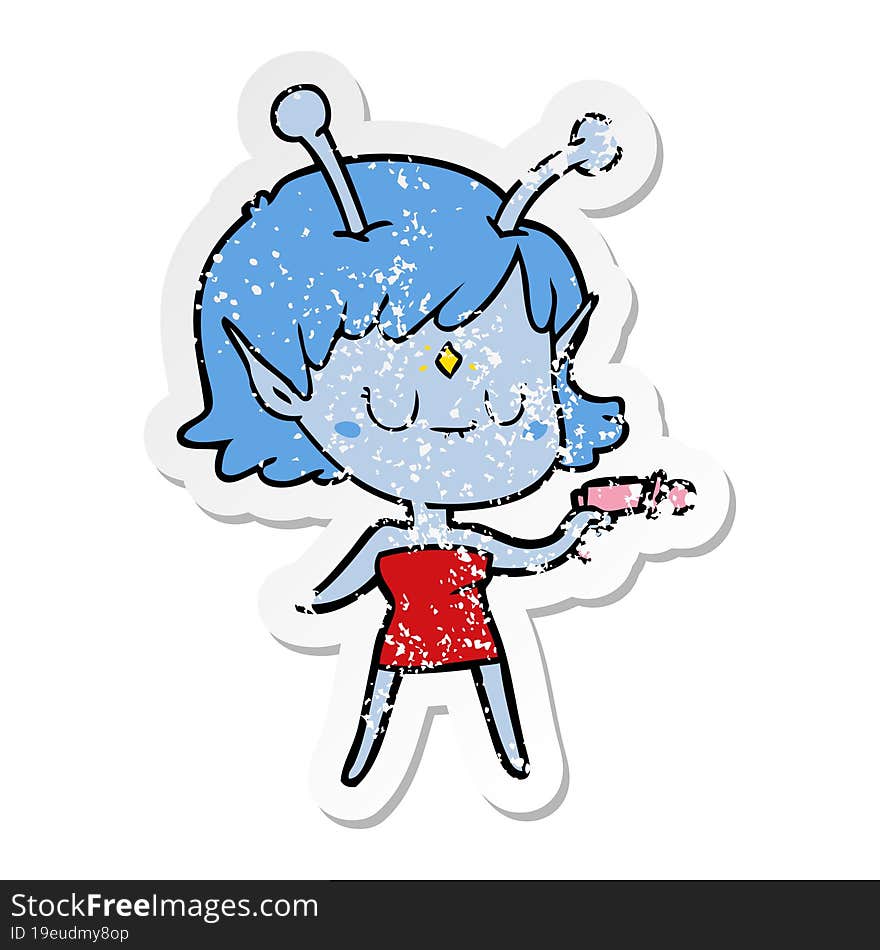 distressed sticker of a cartoon alien girl with ray gun