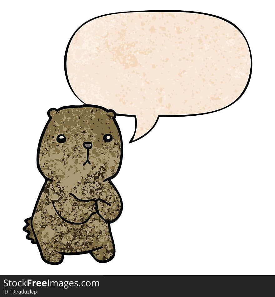 cartoon worried bear and speech bubble in retro texture style