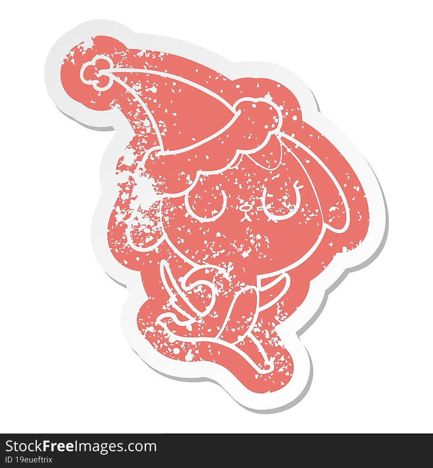 cute quirky cartoon distressed sticker of a dog wearing santa hat