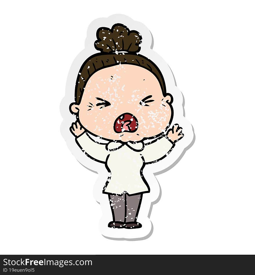 distressed sticker of a cartoon angry old woman