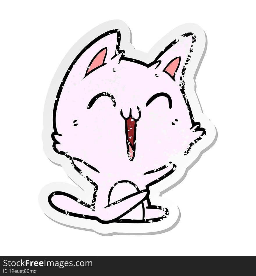 distressed sticker of a happy cartoon cat meowing