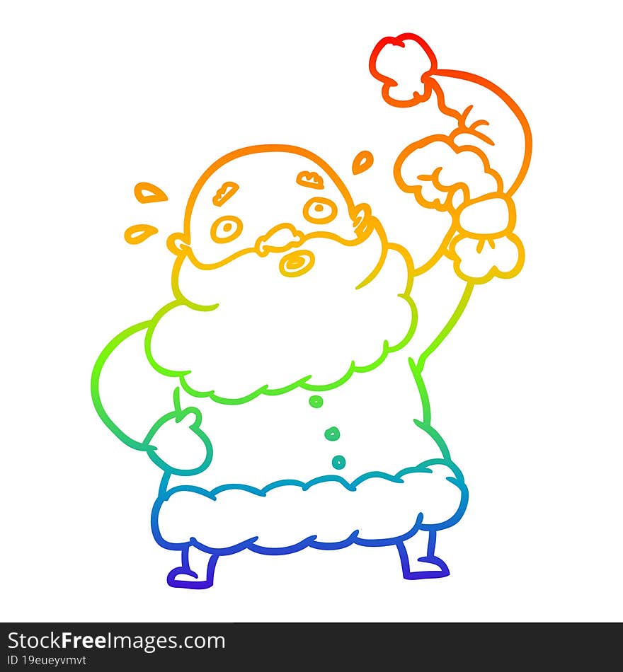 rainbow gradient line drawing santa claus waving his hat