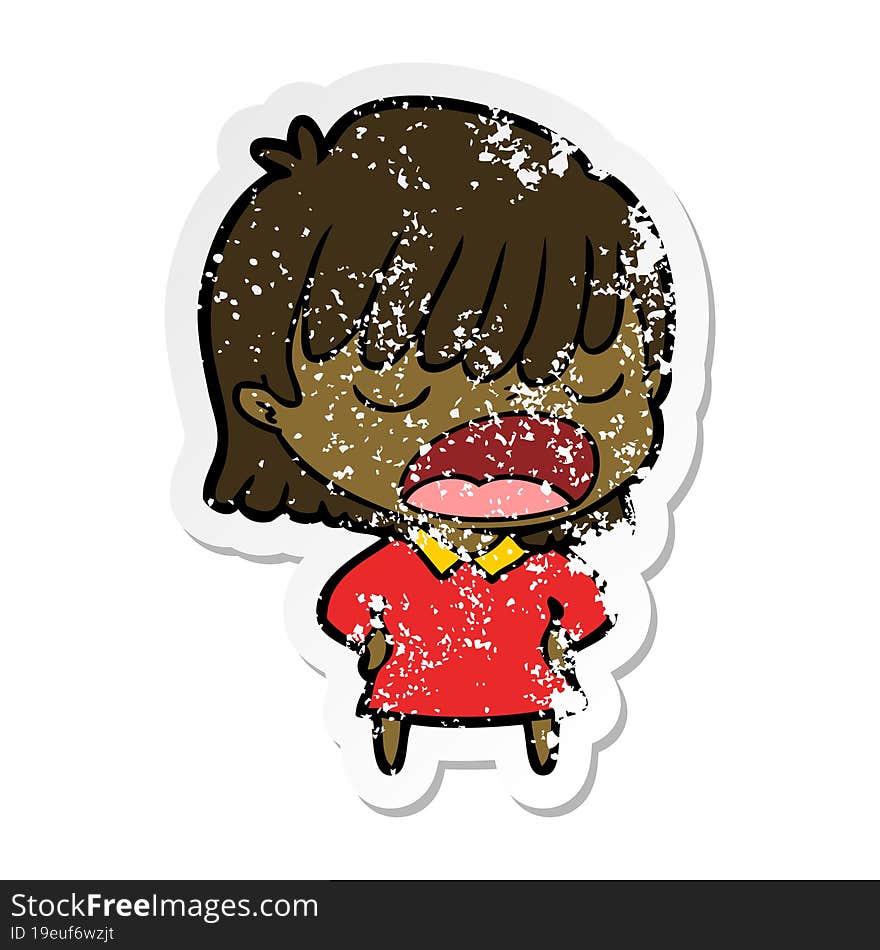 distressed sticker of a cartoon woman talking loudly