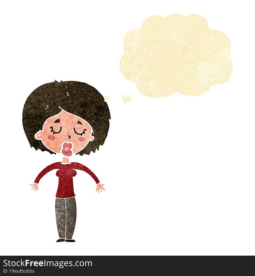 cartoon woman with closed eyes with thought bubble