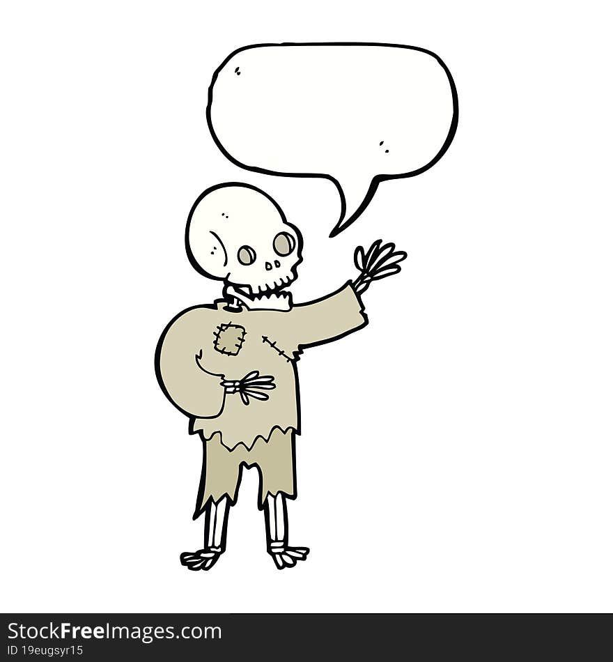 cartoon skeleton waving with speech bubble