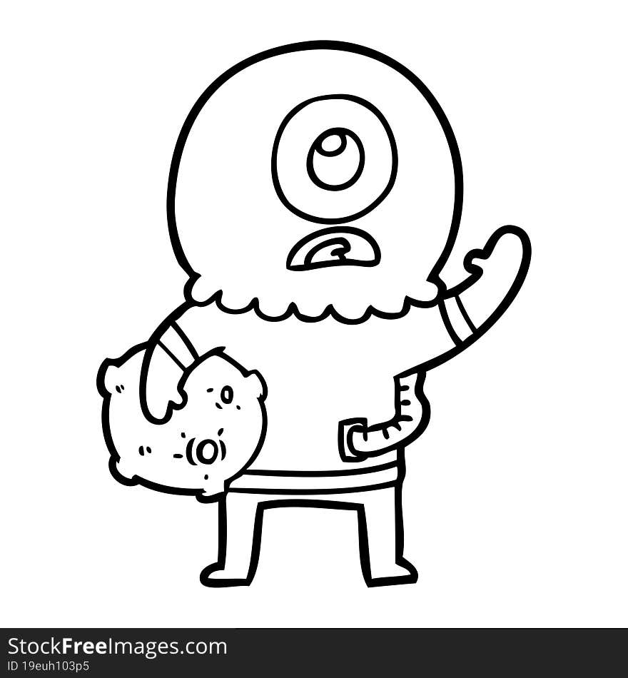 cartoon cyclops alien spaceman waving. cartoon cyclops alien spaceman waving