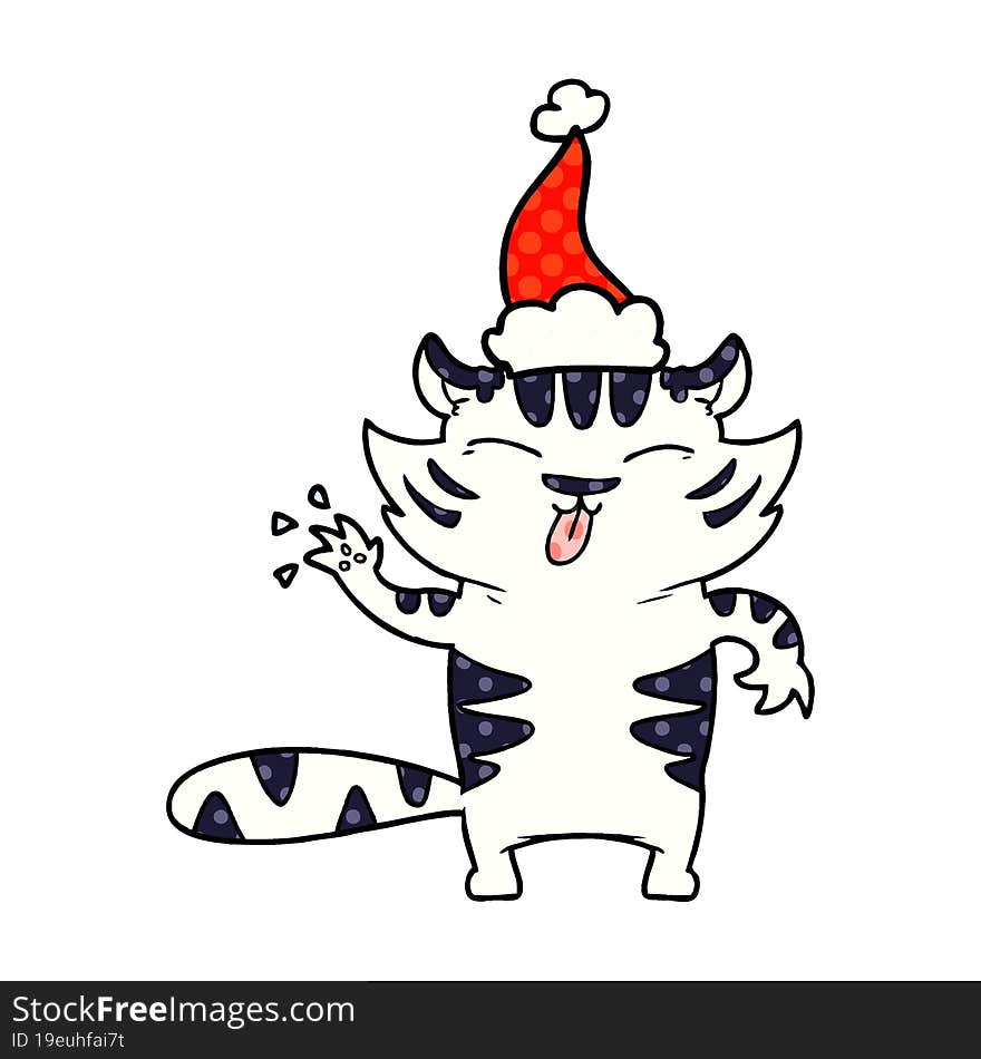 comic book style illustration of a white tiger wearing santa hat