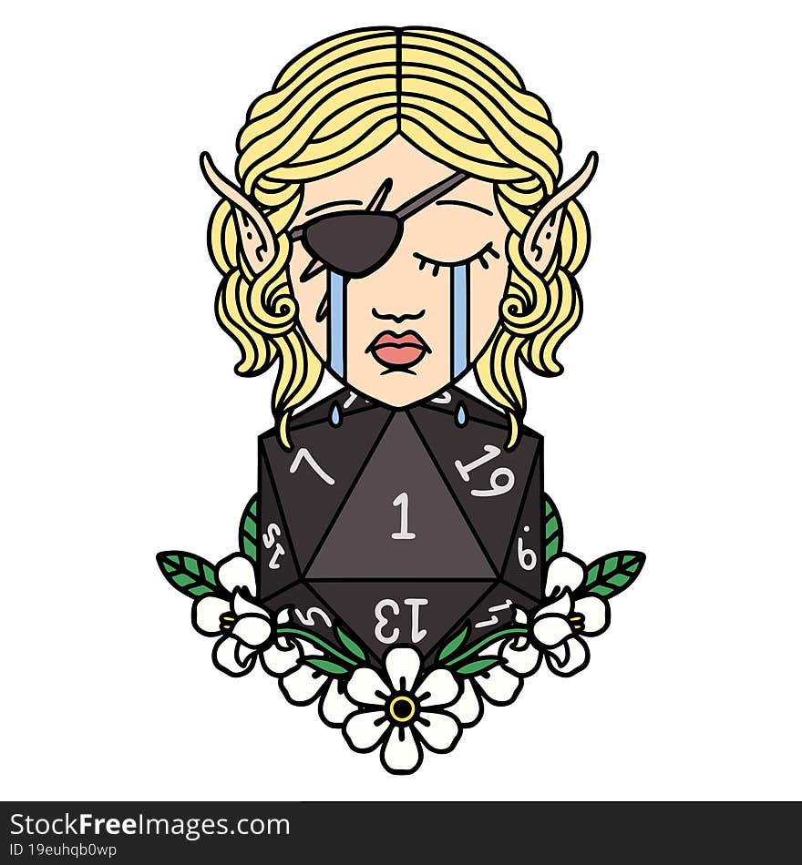 Retro Tattoo Style crying elf rogue character face with natural one D20 roll. Retro Tattoo Style crying elf rogue character face with natural one D20 roll