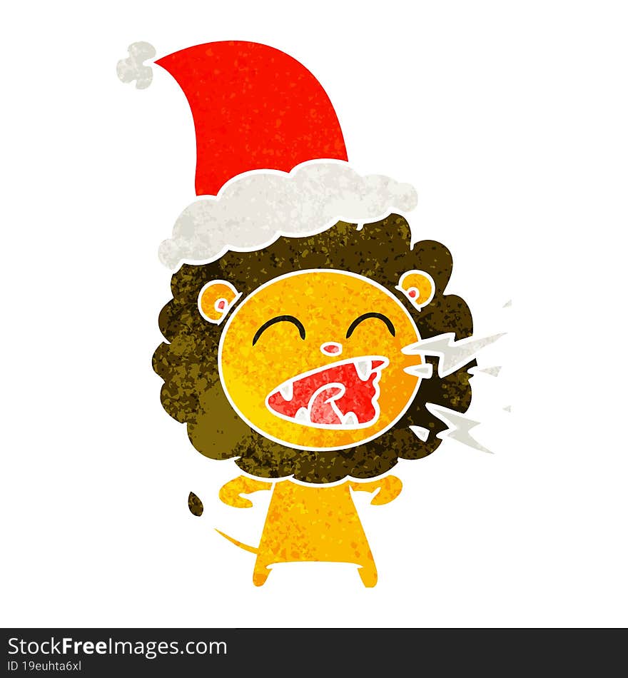 Retro Cartoon Of A Roaring Lion Wearing Santa Hat