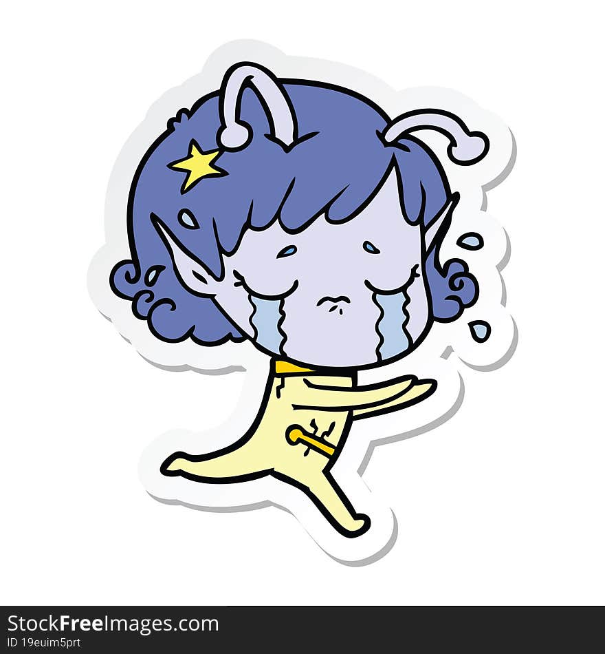 Sticker Of A Cartoon Crying Alien Girl