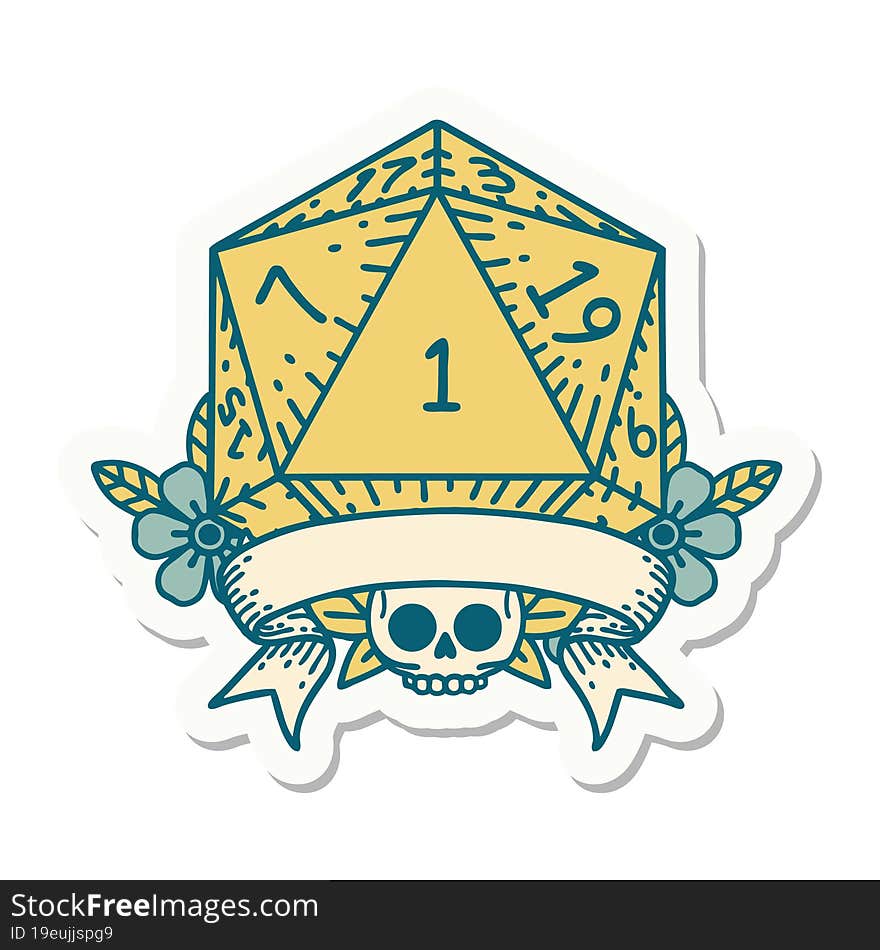 sticker of a natural one d20 dice roll. sticker of a natural one d20 dice roll