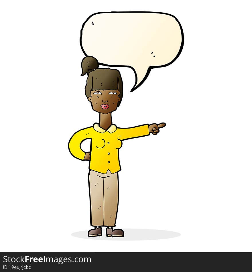 cartoon woman pointing with speech bubble