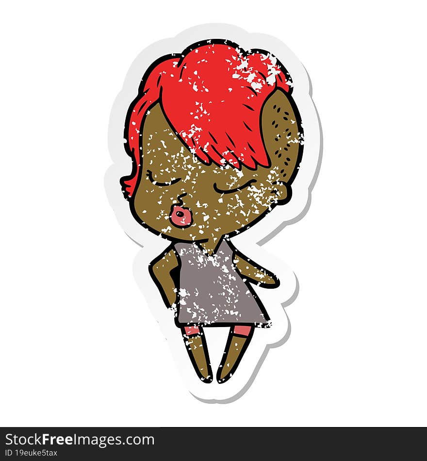 distressed sticker of a cartoon pretty hipster girl