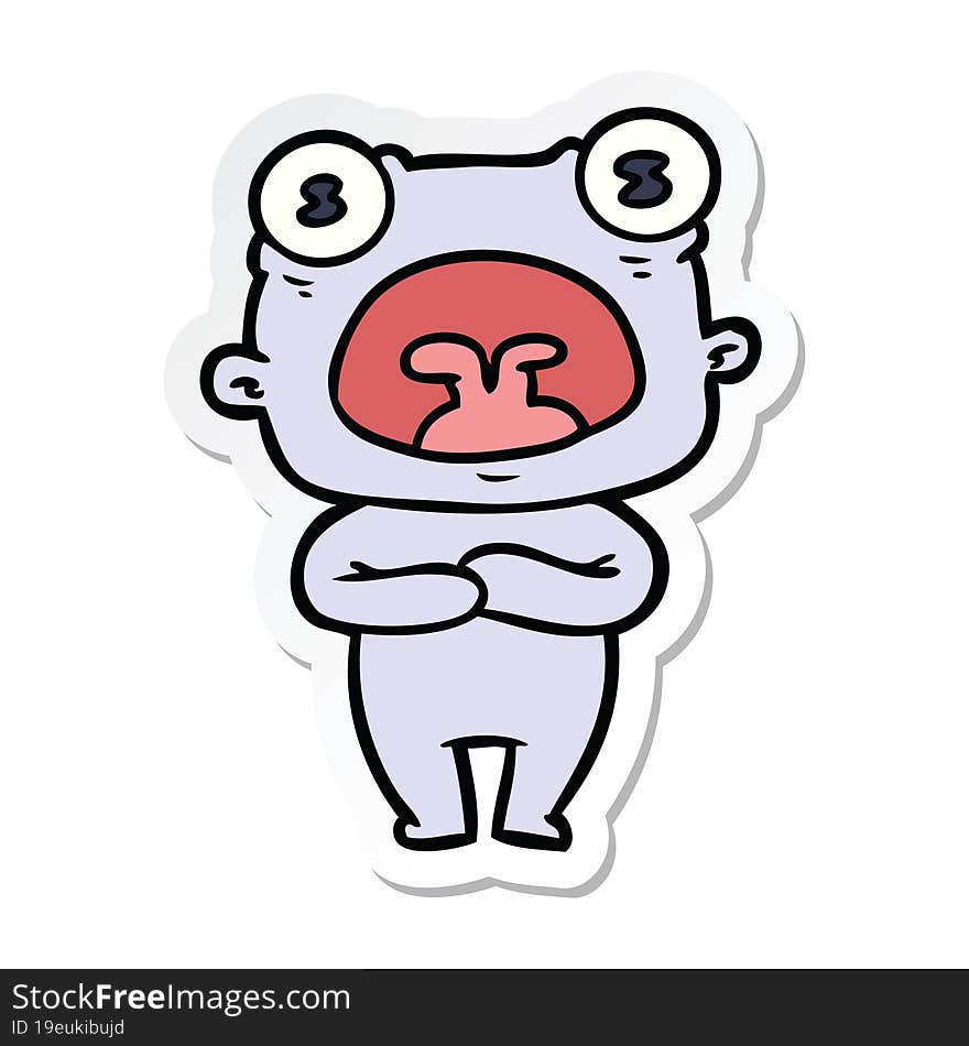 sticker of a cartoon weird alien communicating