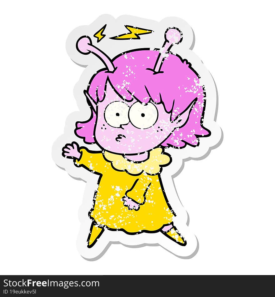 distressed sticker of a cartoon alien girl