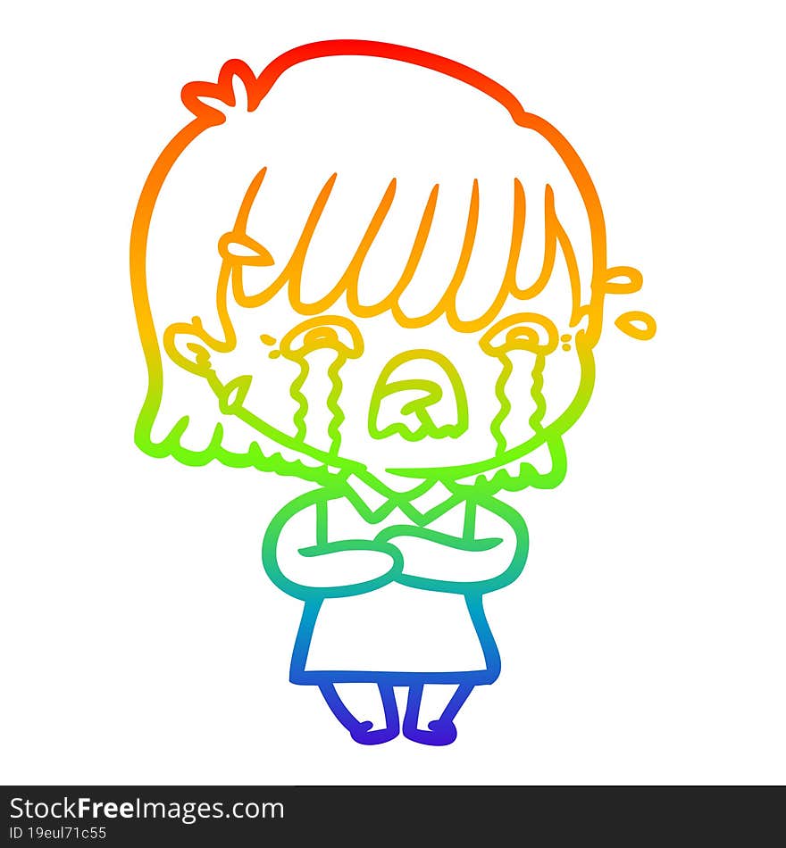 Rainbow Gradient Line Drawing Cartoon Girl Crying