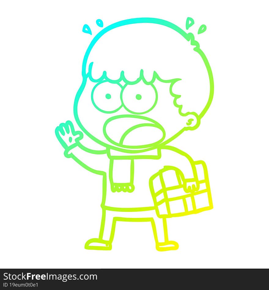 cold gradient line drawing cartoon shocked man with gift