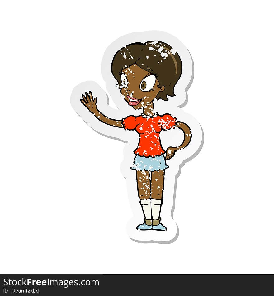 retro distressed sticker of a cartoon waving woman