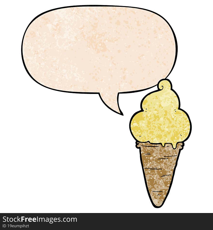 cartoon ice cream and speech bubble in retro texture style