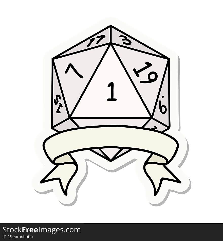 sticker of a natural one d20 dice roll. sticker of a natural one d20 dice roll