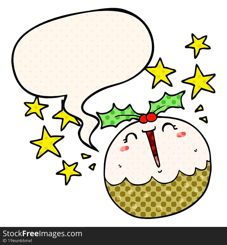 cute cartoon happy christmas pudding and speech bubble in comic book style