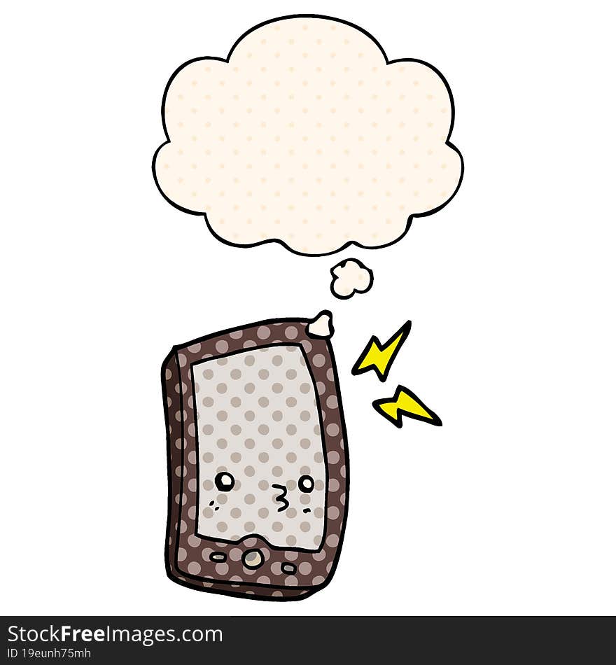 cartoon mobile phone and thought bubble in comic book style