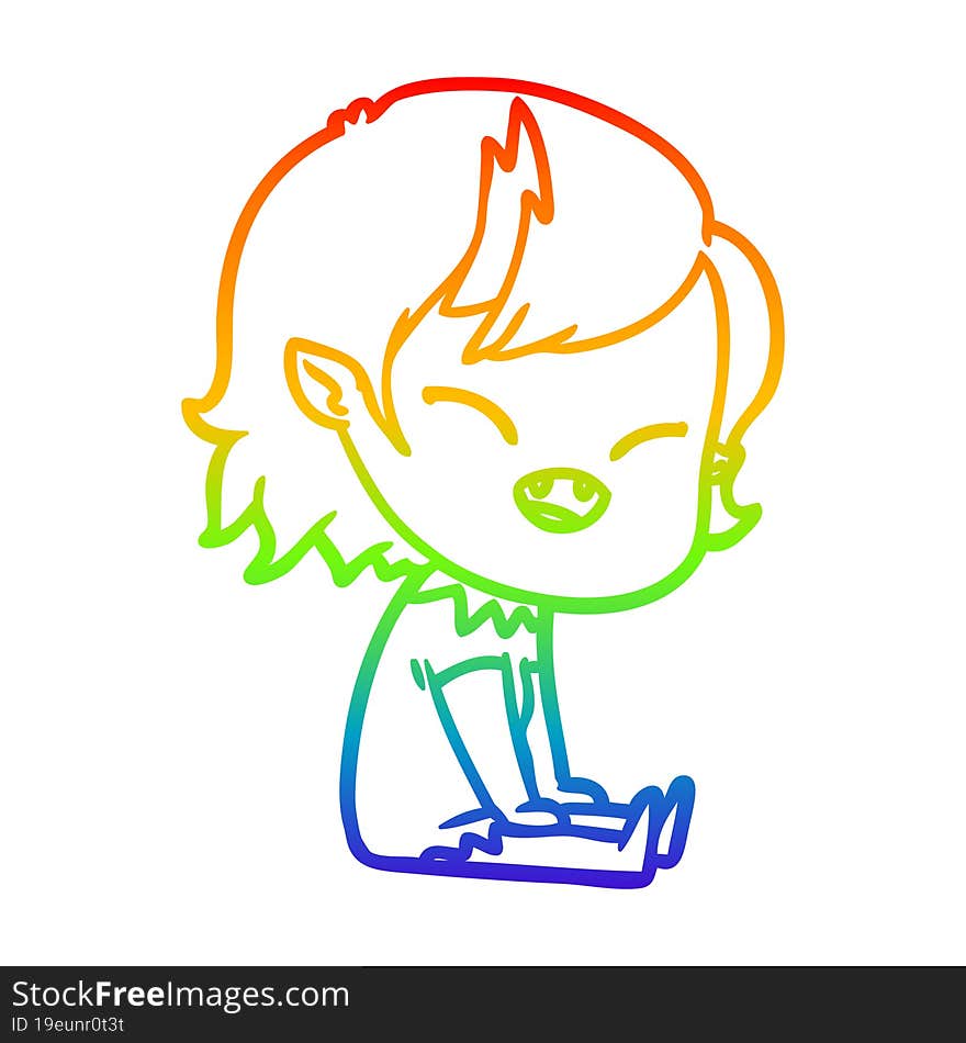 rainbow gradient line drawing of a cartoon laughing vampire girl sitting